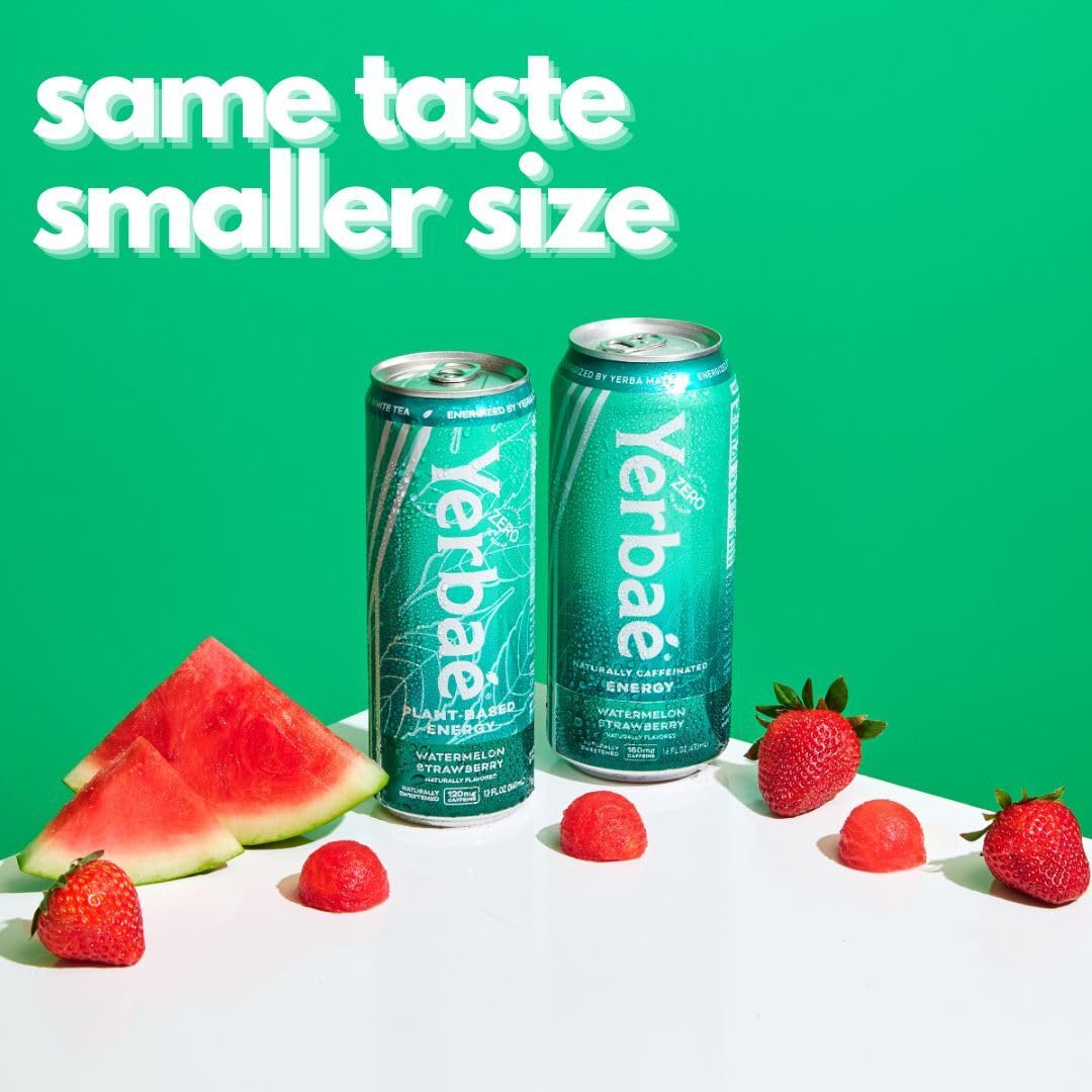 Yerbaé Energy Beverage, Watermelon Strawberry, slim 12oz Cans, 120mg Caffeine. Yerbae has 0 Sugar, 0 Calories, 0 Carbs, Energized by Yerba Mate, Plant-Based, Healthy Alternative to Sugary Drinks, 12oz cans (12 Pack)