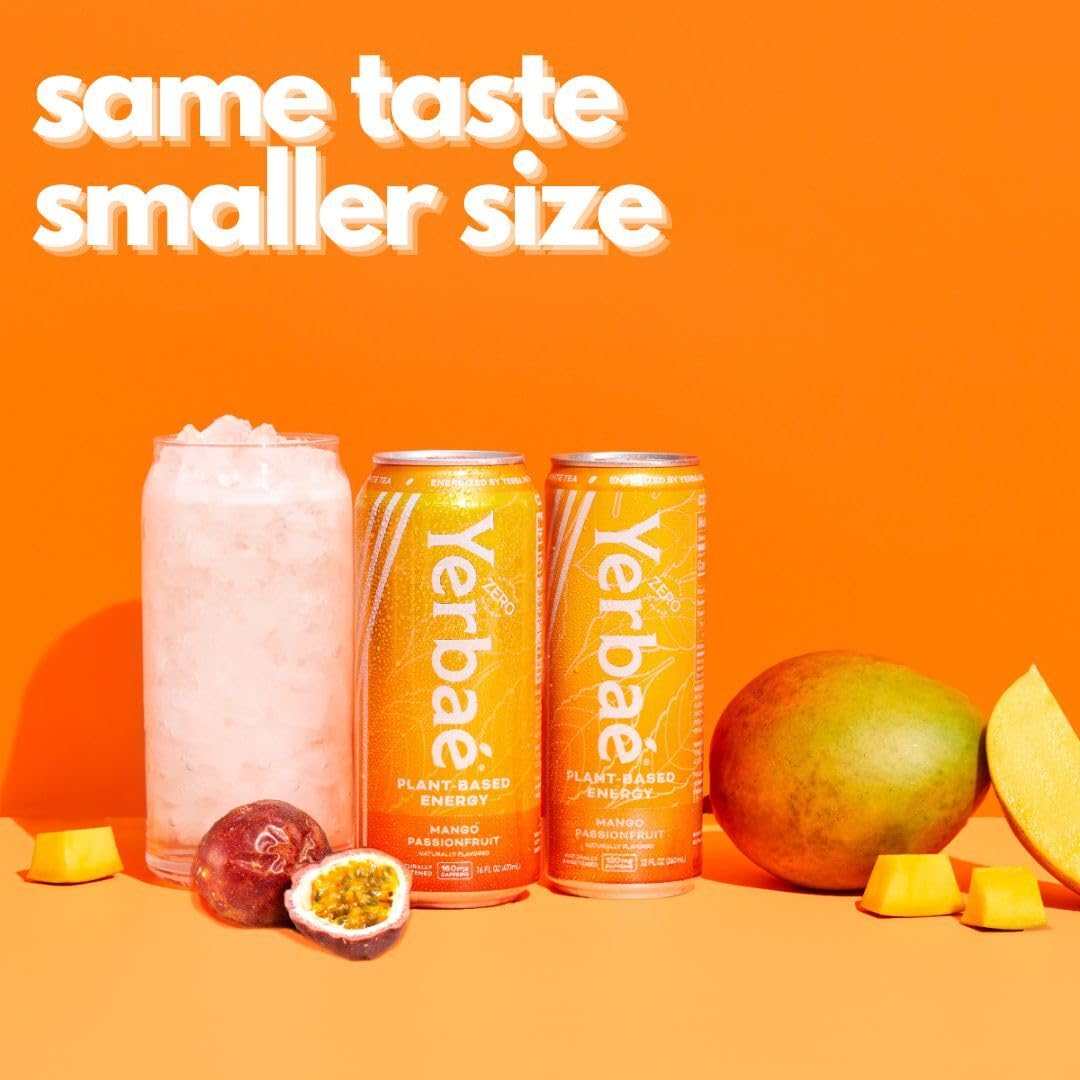 Yerbaé Energy Beverage, Mango Passion Fruit, slim 12oz Cans, 120mg Caffeine. Yerbae has 0 Sugar, 0 Calories, 0 Carbs, Energized by Yerba Mate, Plant-Based, Healthy Alternative to Sugary Drinks, 12oz cans (12 Pack)