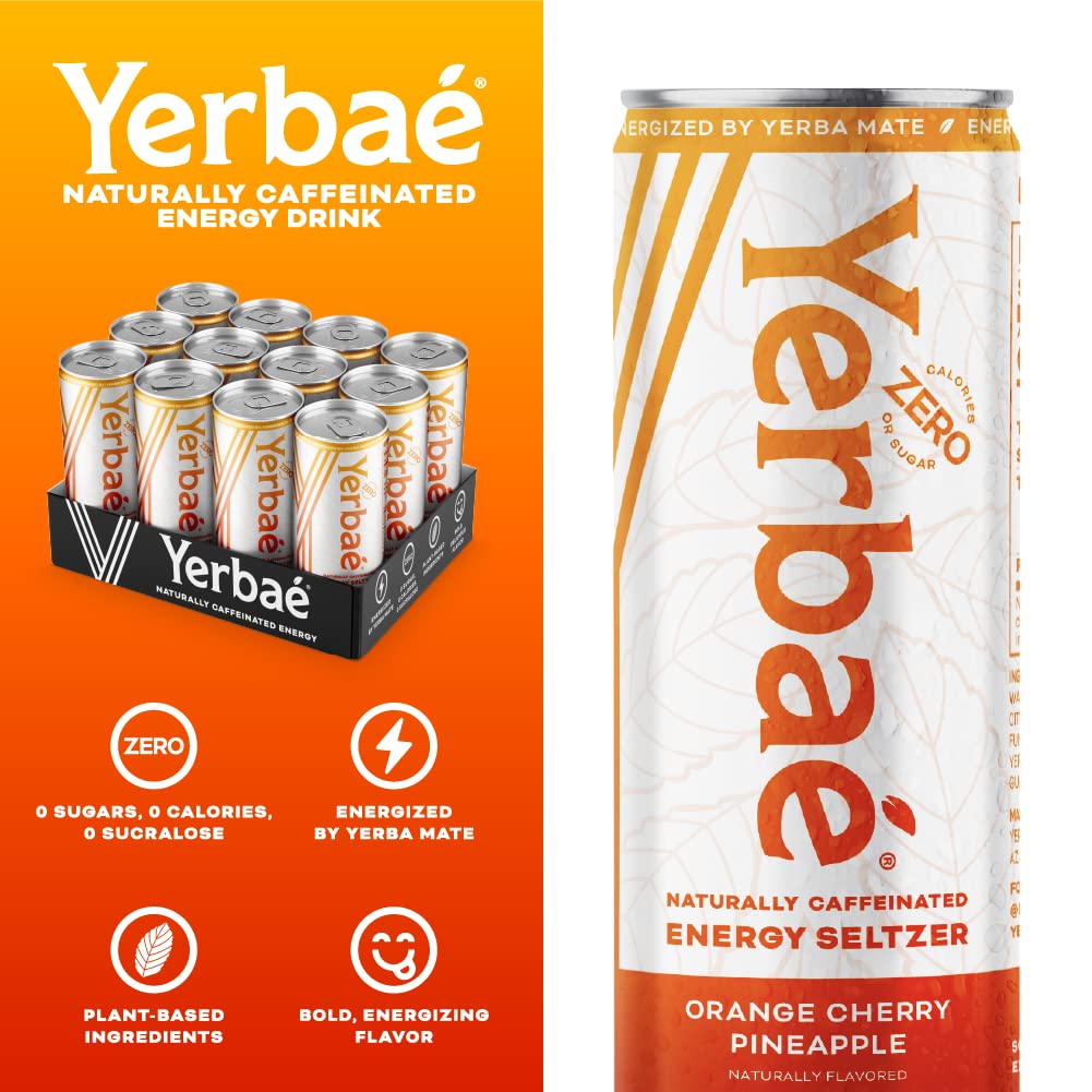 Yerbaé Energy Seltzer - Orange Cherry Pineapple, 0 Sugar, 0 Calories, 0 Carbs. Yerbae is Energized by Yerba Mate, Naturally Caffeinated & Plant-Based, Healthy Alternative to Coffee and Sugary Sodas, 12oz cans (12 Pack)