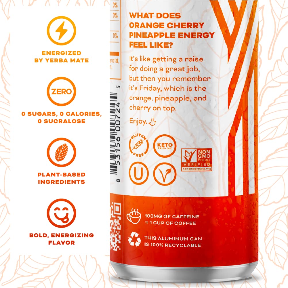 Yerbaé Energy Seltzer - Orange Cherry Pineapple, 0 Sugar, 0 Calories, 0 Carbs. Yerbae is Energized by Yerba Mate, Naturally Caffeinated & Plant-Based, Healthy Alternative to Coffee and Sugary Sodas, 12oz cans (12 Pack)
