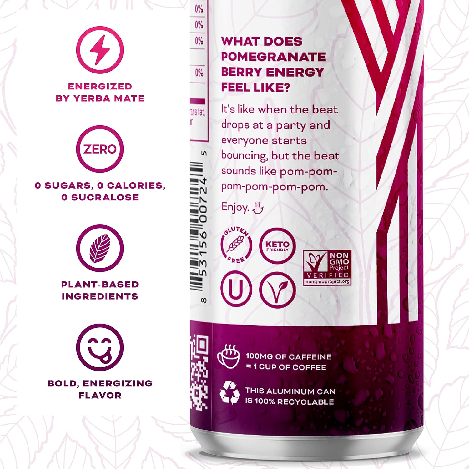 Yerbaé Energy Seltzer - Pomegranate Berry, 0 Sugar, 0 Calories, 0 Carbs. Yerbae is Energized by Yerba Mate, Naturally Caffeinated & Plant-Based, Healthy Alternative to Coffee and Sugary Sodas, 12oz cans (12 Pack)
