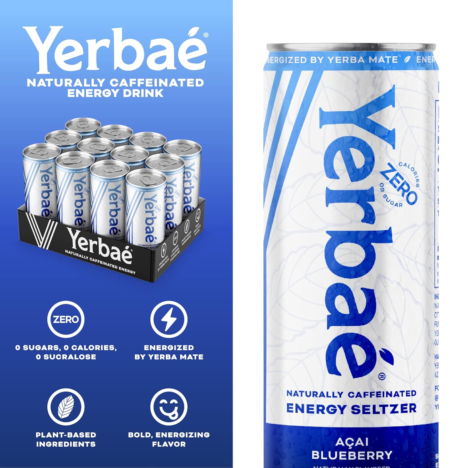 Yerbaé Energy Seltzer - Acai Blueberry, 0 Sugar, 0 Calories, 0 Carbs. Yerbae is Energized by Yerba Mate, Naturally Caffeinated & Plant-Based, Healthy Alternative to Coffee and Sugary Sodas, 12oz cans (12 Pack)