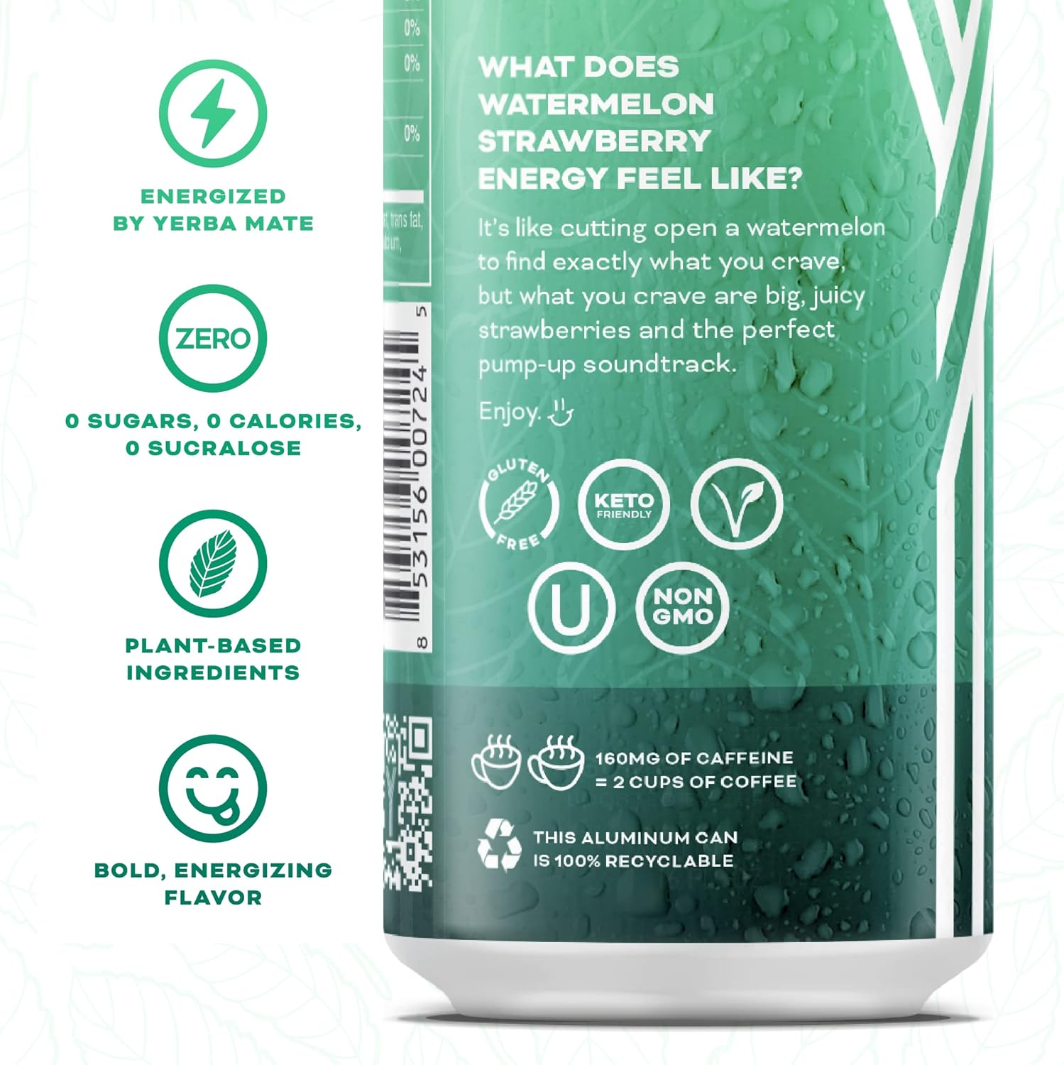 Yerbaé Energy Beverage - Watermelon Strawberry, 0 Sugar, 0 Calories, 0 Carbs. Yerbae is Energized by Yerba Mate, Plant-Based, Healthy Alternative to Sugary Energy Drinks, 16oz cans (12 Pack)