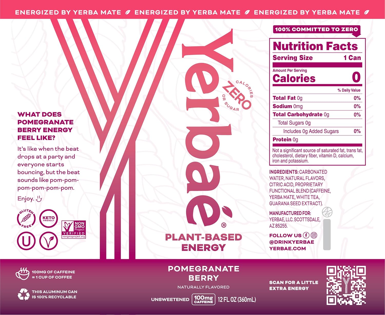 Yerbaé Energy Seltzer - Pomegranate Berry, 0 Sugar, 0 Calories, 0 Carbs. Yerbae is Energized by Yerba Mate, Naturally Caffeinated & Plant-Based, Healthy Alternative to Coffee and Sugary Sodas, 12oz cans (12 Pack)