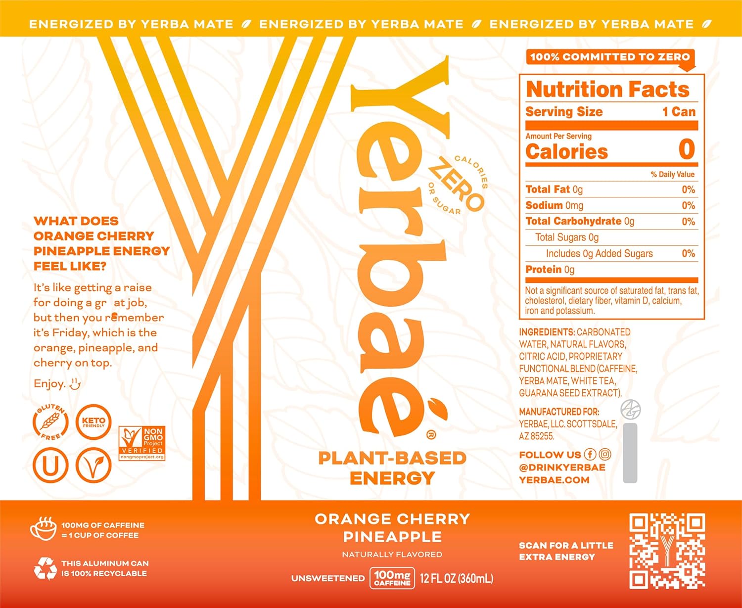 Yerbaé Energy Seltzer - Orange Cherry Pineapple, 0 Sugar, 0 Calories, 0 Carbs. Yerbae is Energized by Yerba Mate, Naturally Caffeinated & Plant-Based, Healthy Alternative to Coffee and Sugary Sodas, 12oz cans (12 Pack)