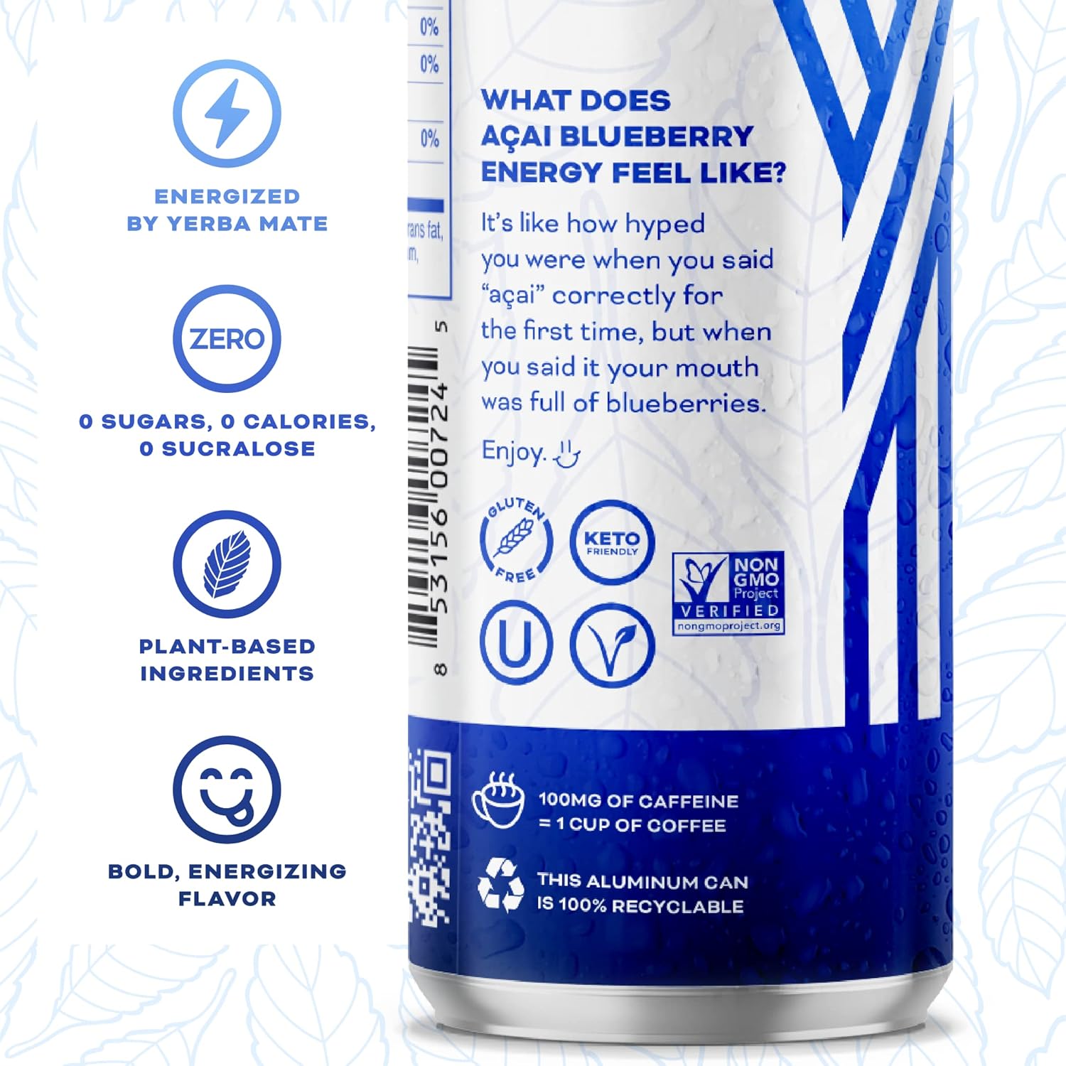 Yerbaé Energy Seltzer - Acai Blueberry, 0 Sugar, 0 Calories, 0 Carbs. Yerbae is Energized by Yerba Mate, Naturally Caffeinated & Plant-Based, Healthy Alternative to Coffee and Sugary Sodas, 12oz cans (12 Pack)
