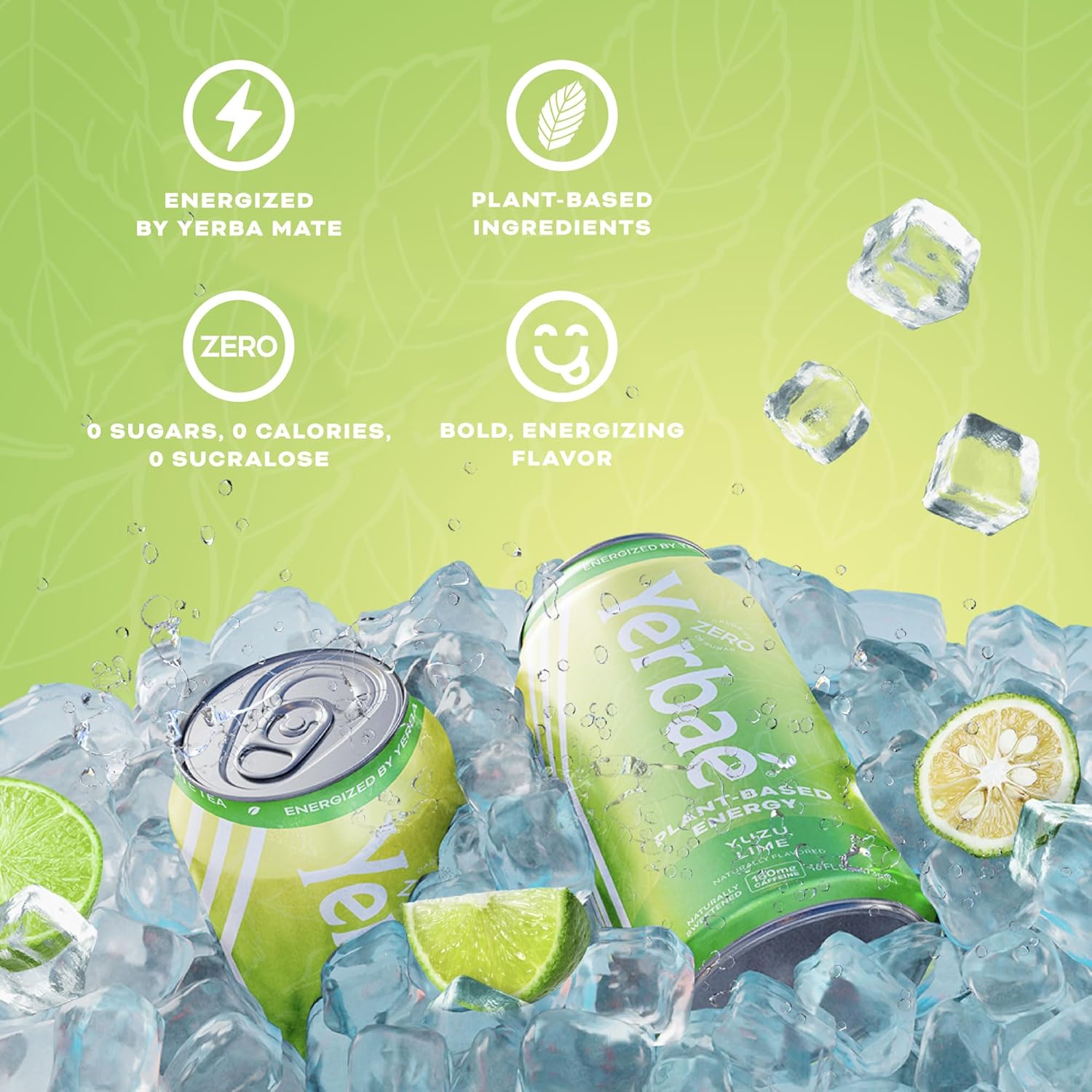 Yerbaé Energy Beverage Yuzu Lime - Lemon Lime Flavor - 0 Sugar, 0 Calories, 0 Carbs, Energized by Yerba Mate. Yerbae is Naturally Caffeinated & Plant-Based, Healthy Alternative to Coffee and Sugary Sodas 16oz cans (12 Pack)
